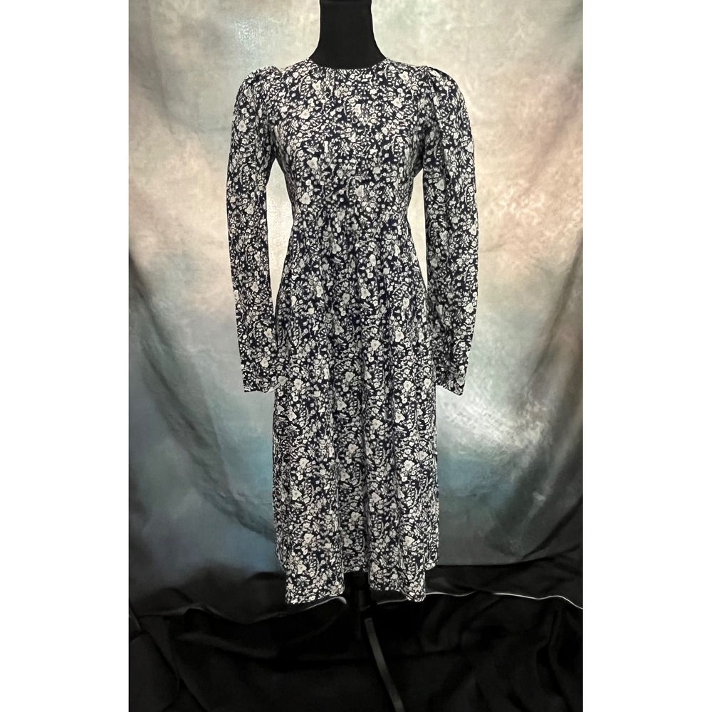 Nina Blanc Navy Blue Floral Cotton Puff Sleeve Midi Dress Made in Spain Small